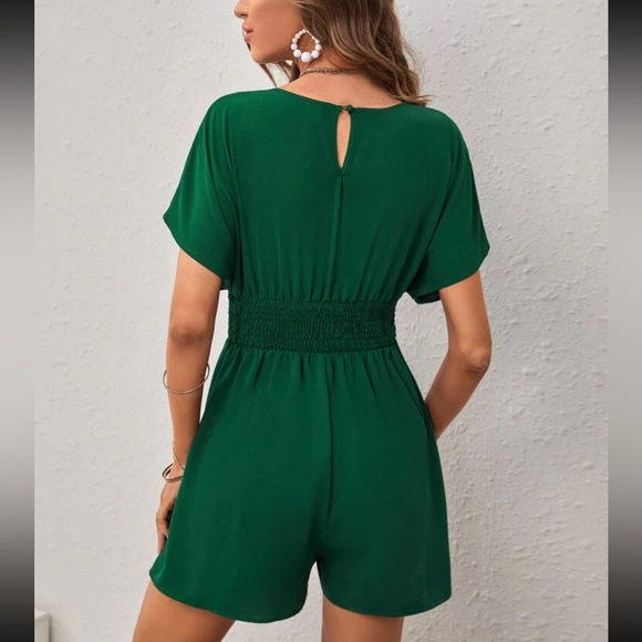 Solid Batwing Sleeve Plunging Neck Romper Hunter Green - Picture 2 of 6